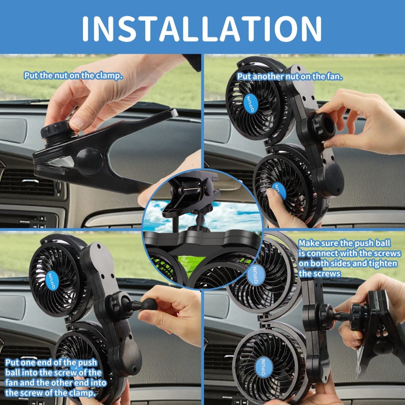 QIFUN Car Fan Adjustable Dual Head 12V 360Â° Rotatable 4 Inches Car Clip Fan for Front/Rear Seat Passenger Car Essentials Cooler with Stepless Speed Regulation for Vehicle SUV, RV - Image 5